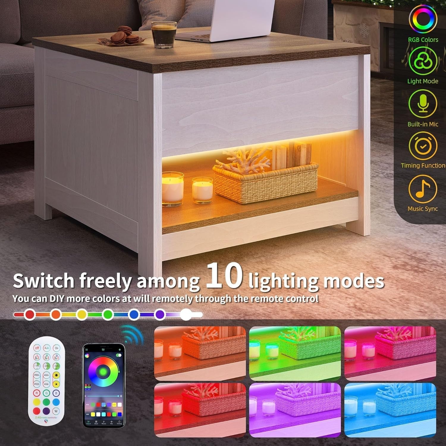 Lift Top Modern Rustic Coffee Table with Storage & LED Lights 60x60cm