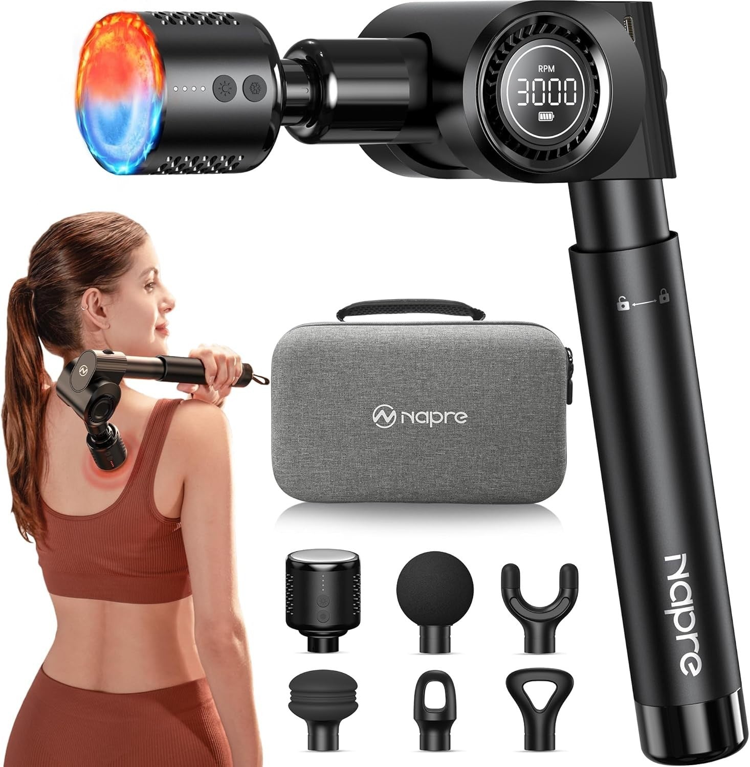 Deep Tissue Massage Gun Hot Cold Therapy Long Handle 32 Speeds Pain Relief
