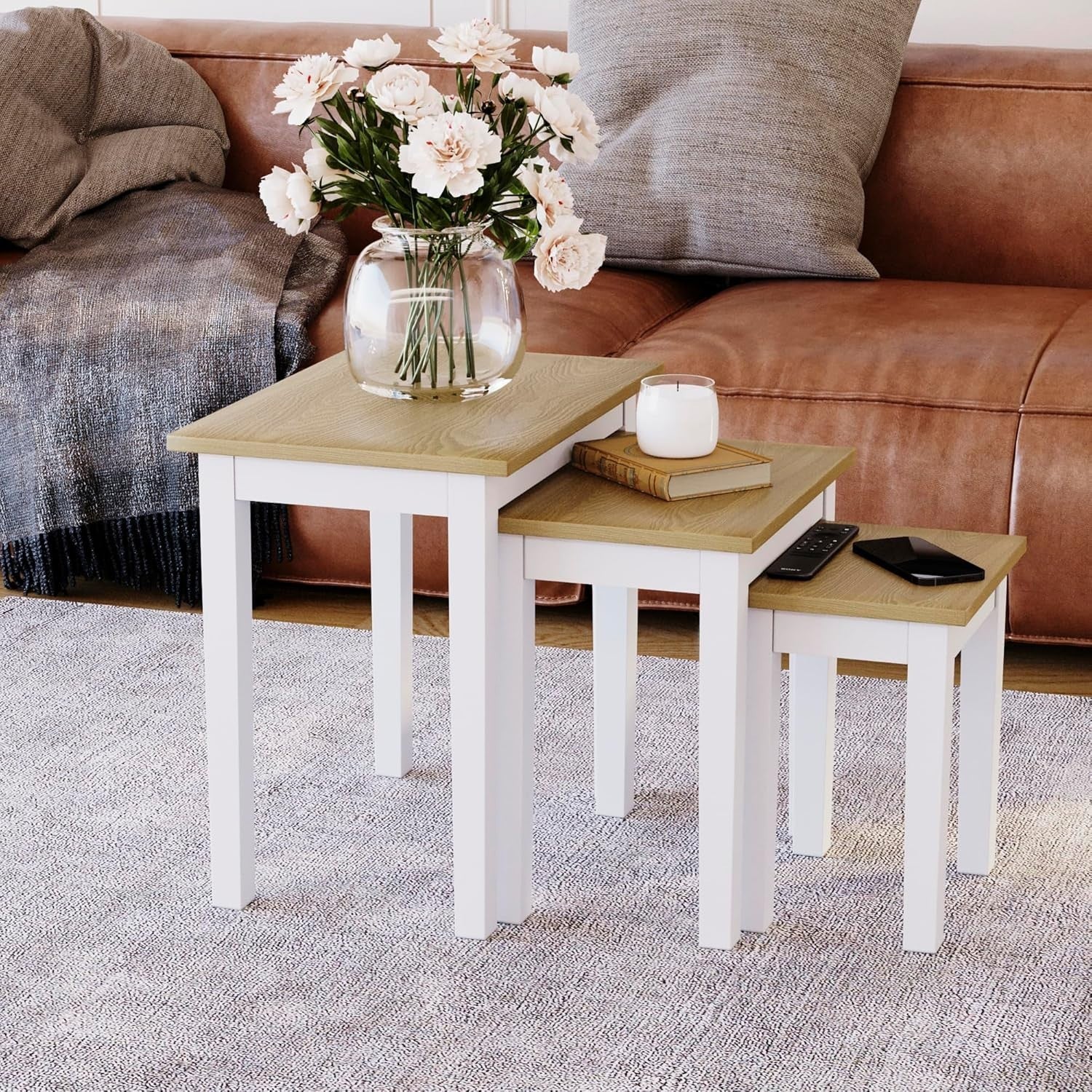 Space Saving Nesting End Tables Set of 3 Oak White Engineered Wood Coffee Sofa