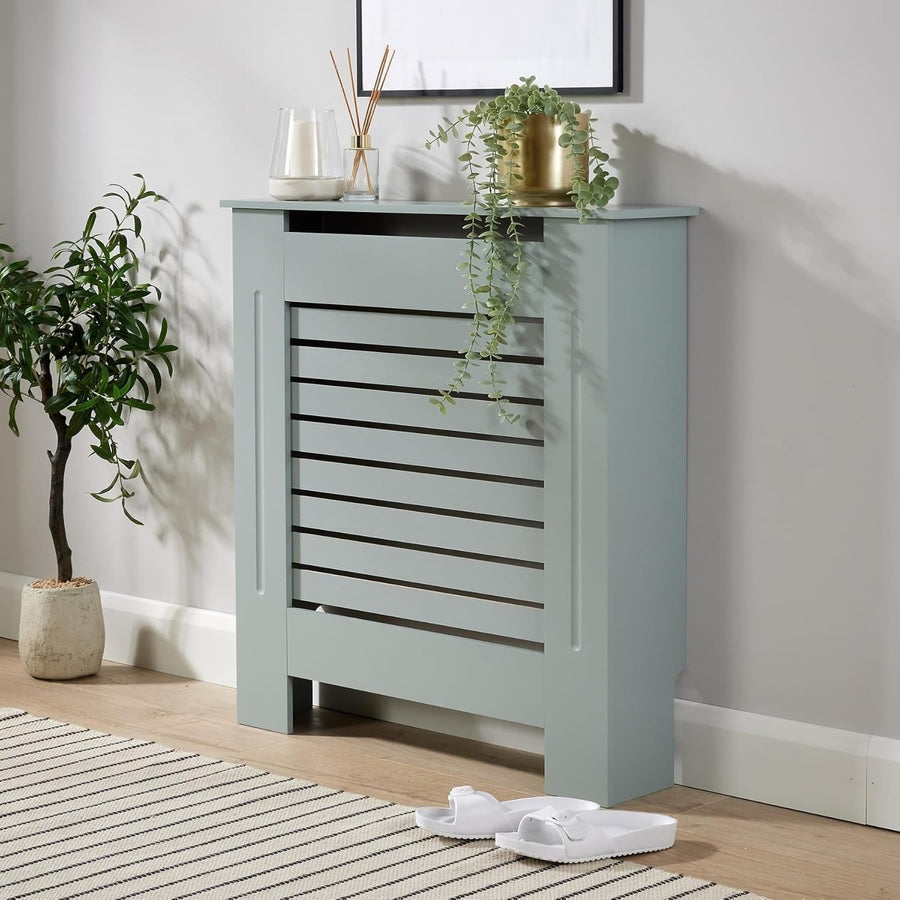 Grey Radiator Cover Wooden Slatted Grill Cabinet Shelf 78x19x82cm Small