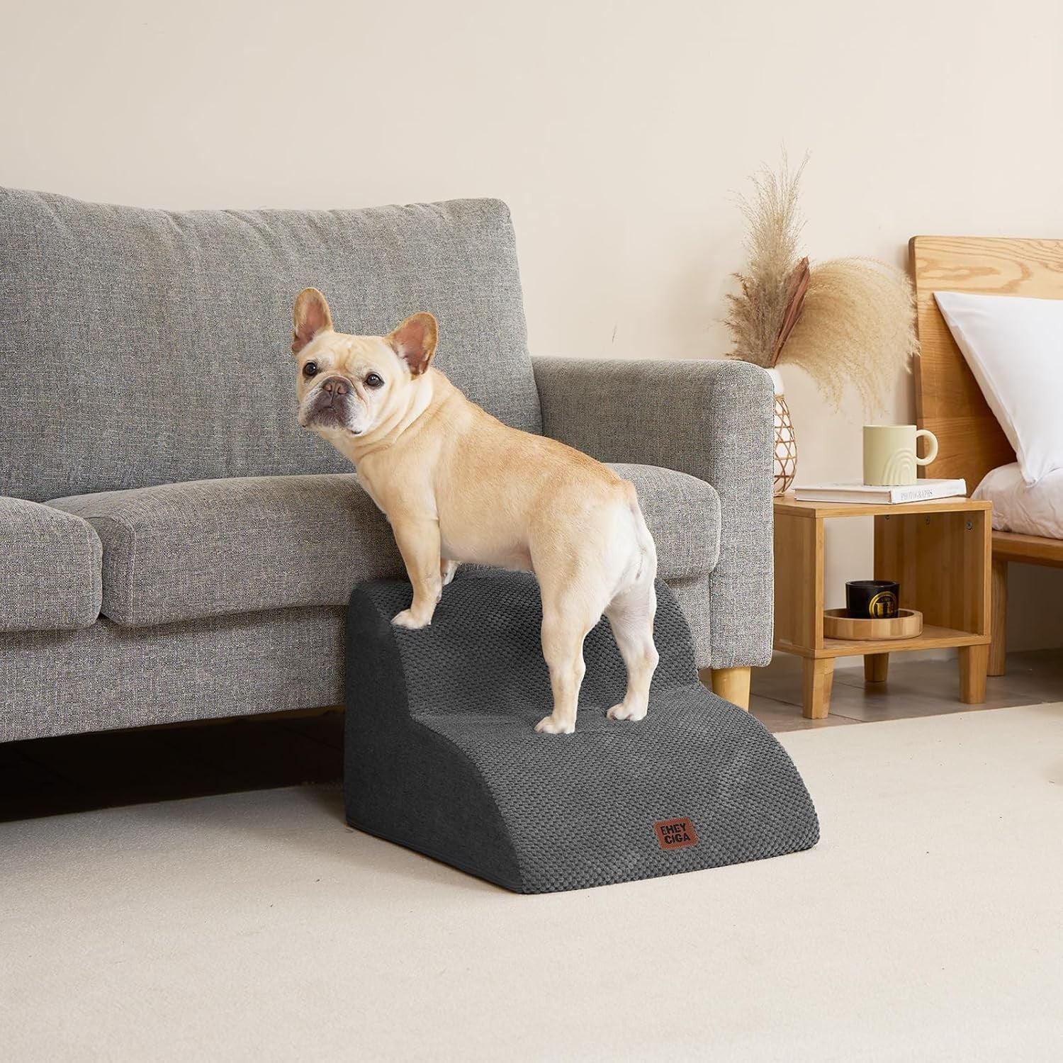 2 Step Dog Stairs for Sofa Non Slip Foam Pet Steps Washable Grey