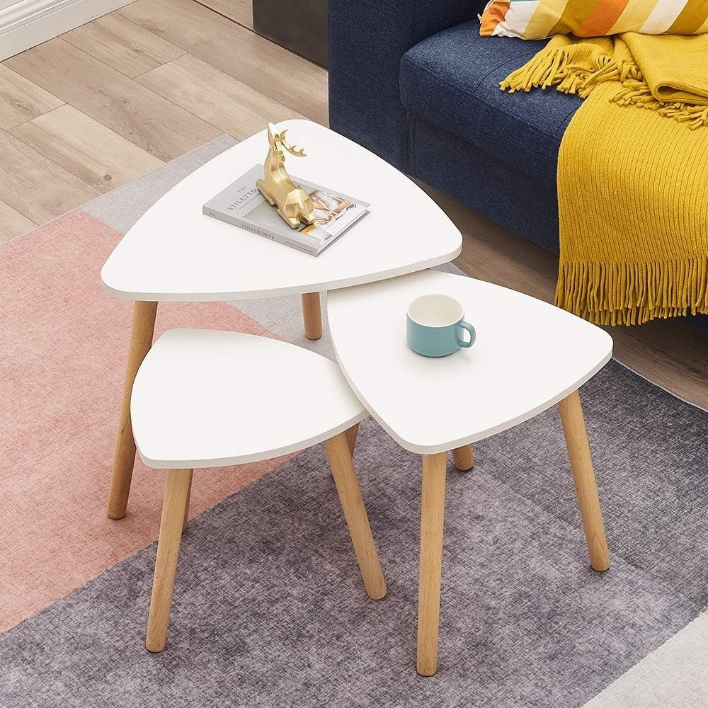 Nest of 3 Modern Coffee Side Tables Wood Triangular End Table Set White/Grey