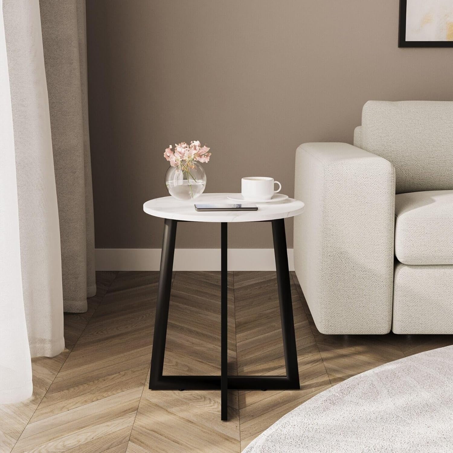 40cm Round White Marble Look Coffee Side End Table Small Modern Steel Legs