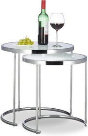 2 Silver Round Nesting Side Tables Frosted Glass Top Metal Frame Space Saving