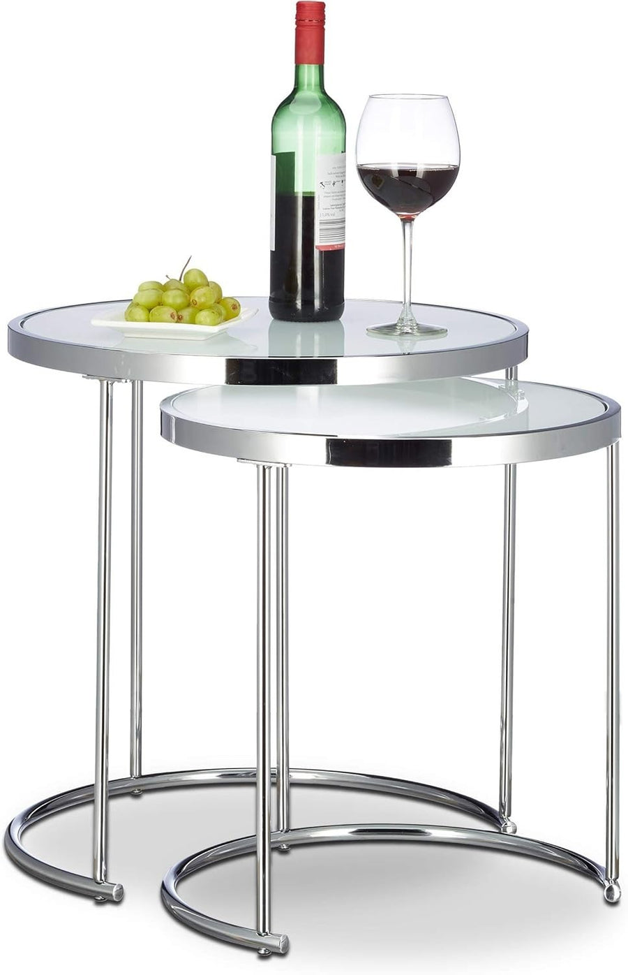 2 Silver Round Nesting Side Tables Frosted Glass Top Metal Frame Space Saving
