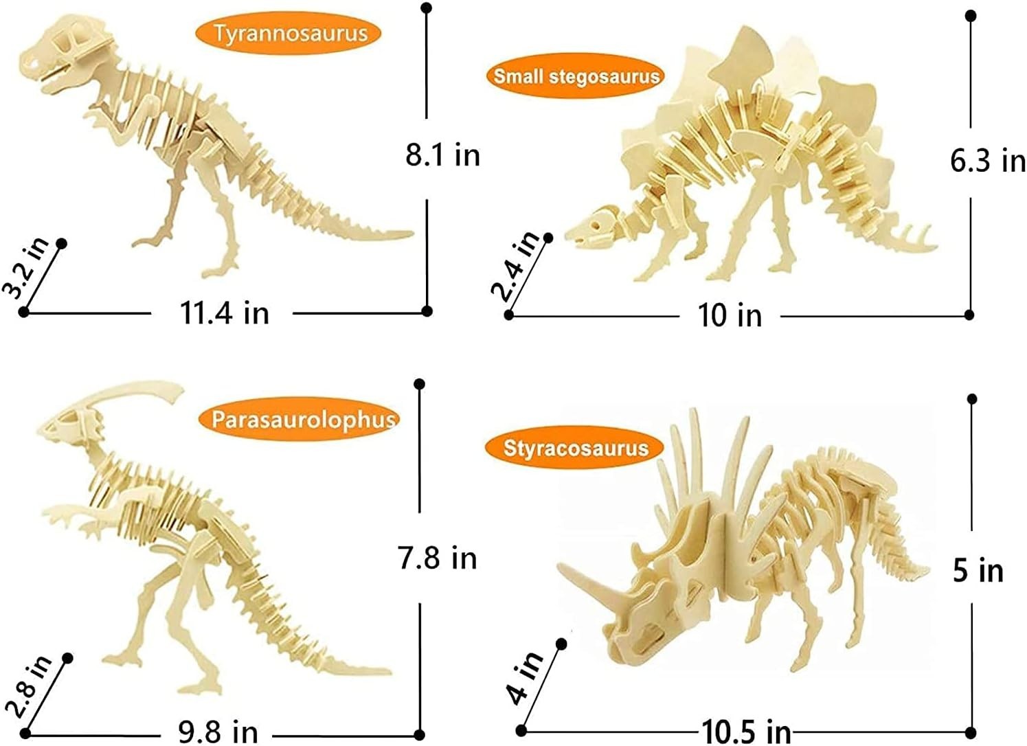 3D Dinosaur Puzzle Set – 4pc Wooden Dino Model Kit for Kids & Adults Gift