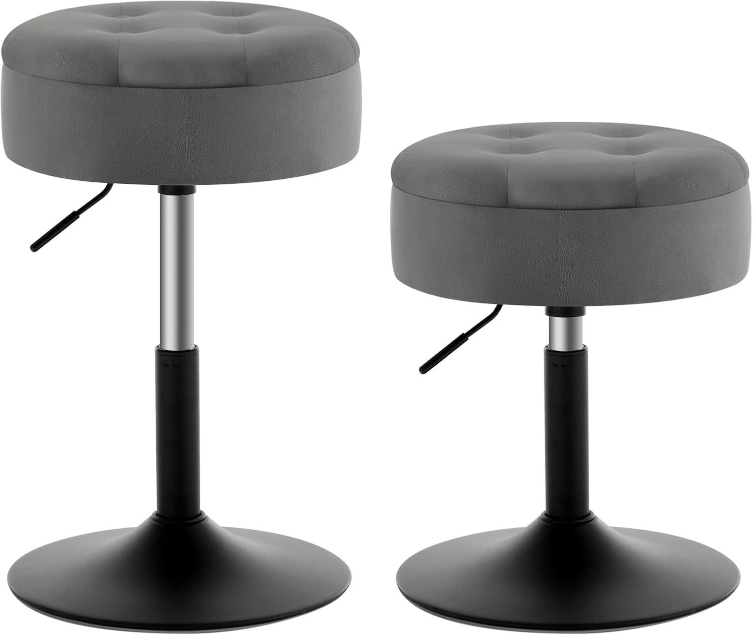 Set of 2 Dark Grey Velvet Swivel Vanity Stools with Storage Adjustable