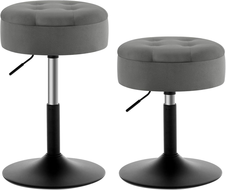 Set of 2 Dark Grey Velvet Swivel Vanity Stools with Storage Adjustable