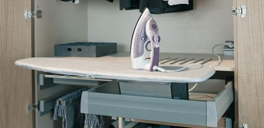 Drawer Mounted Folding Ironing Board Pull Out Table Grey Striped Cover