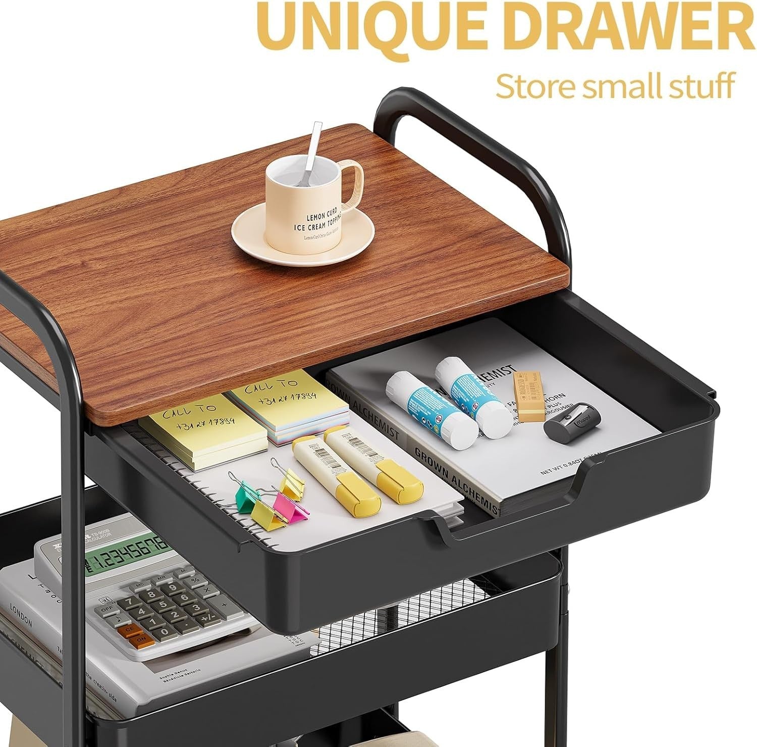 Black 3 Tier Storage Trolley on Wheels w/ Drawer