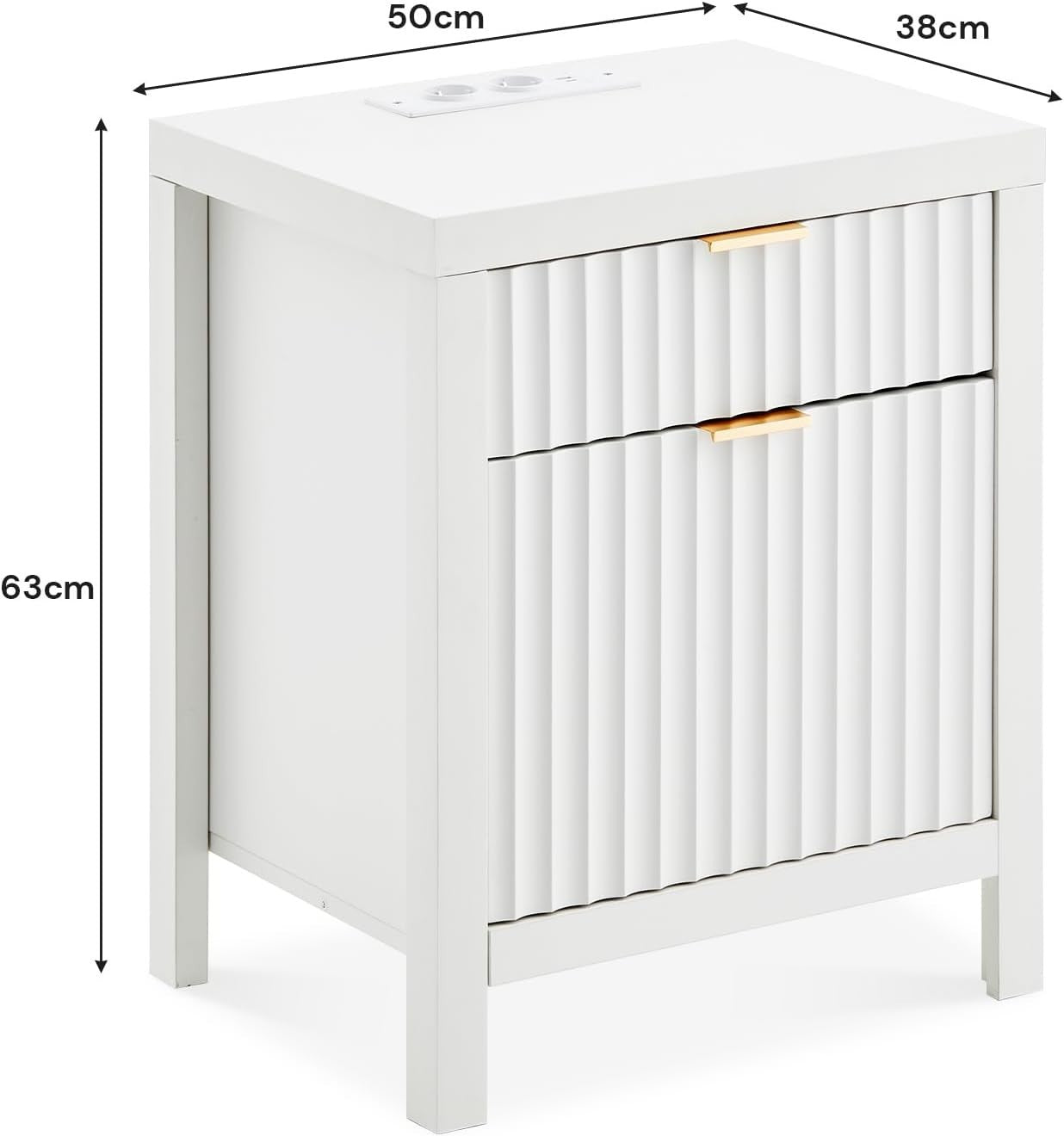 Modern White Bedside Table 2 Drawers with USB Charging Station 71x47x20cm