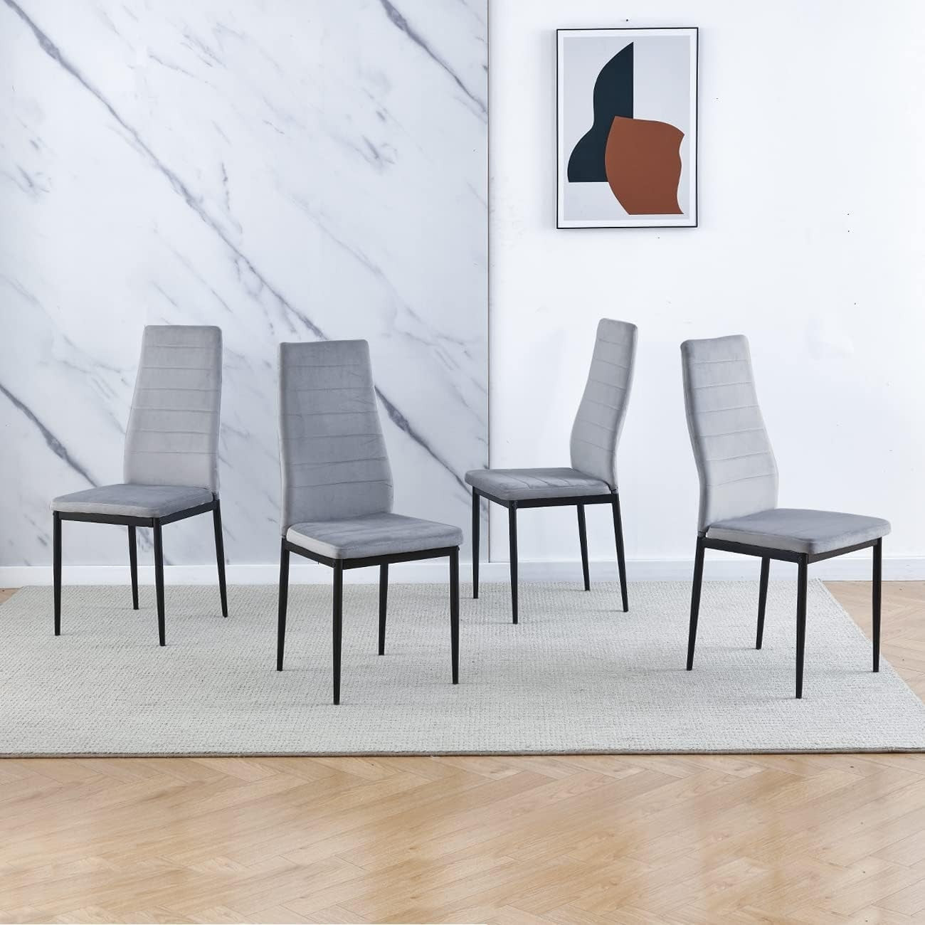 Modern White Dining Table & 4 Grey Chairs Set for Small Kitchen Room