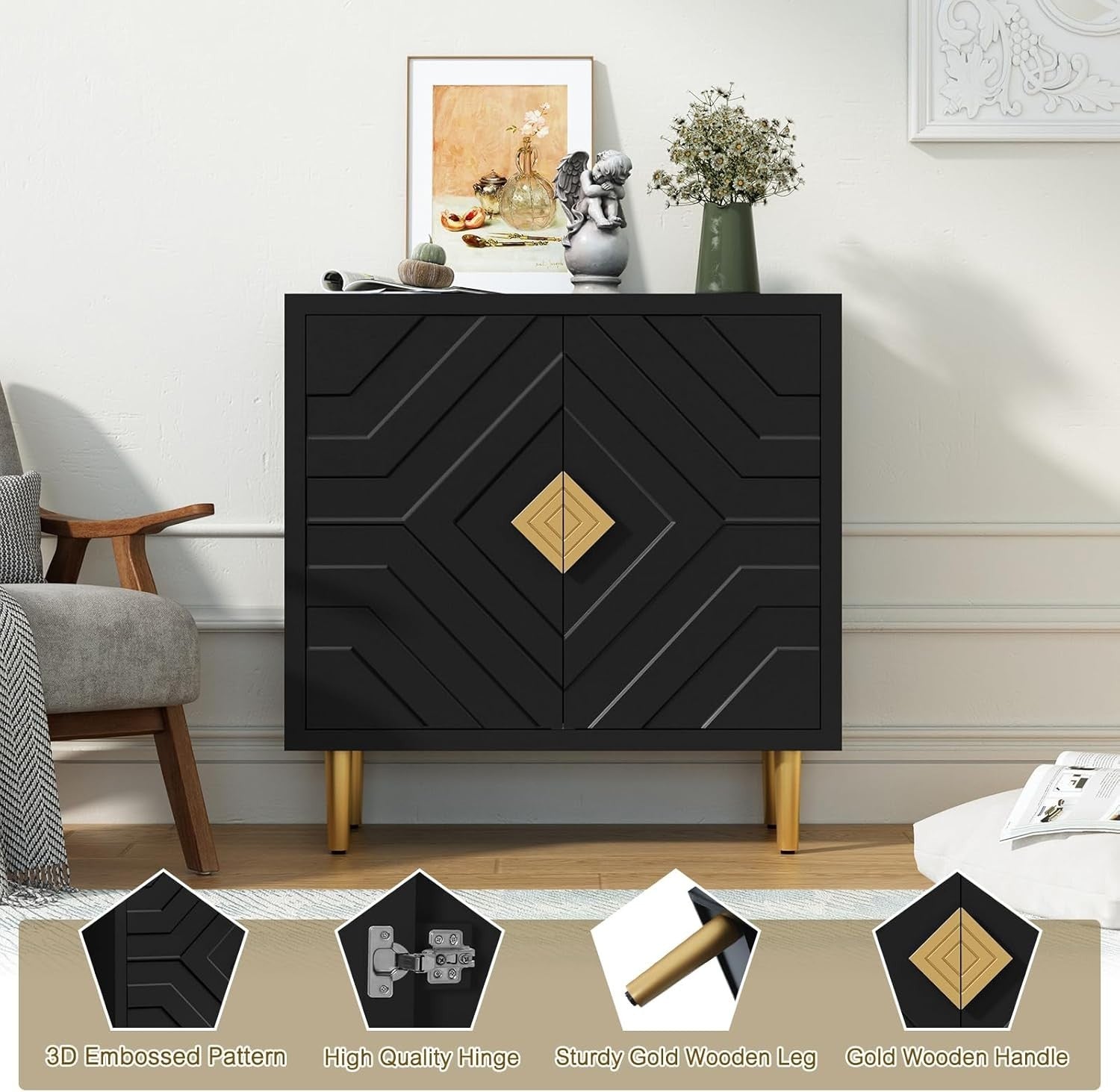 Modern 2-Door 3D Embossed Sideboard Cabinet Storage Unit Black Gold Legs