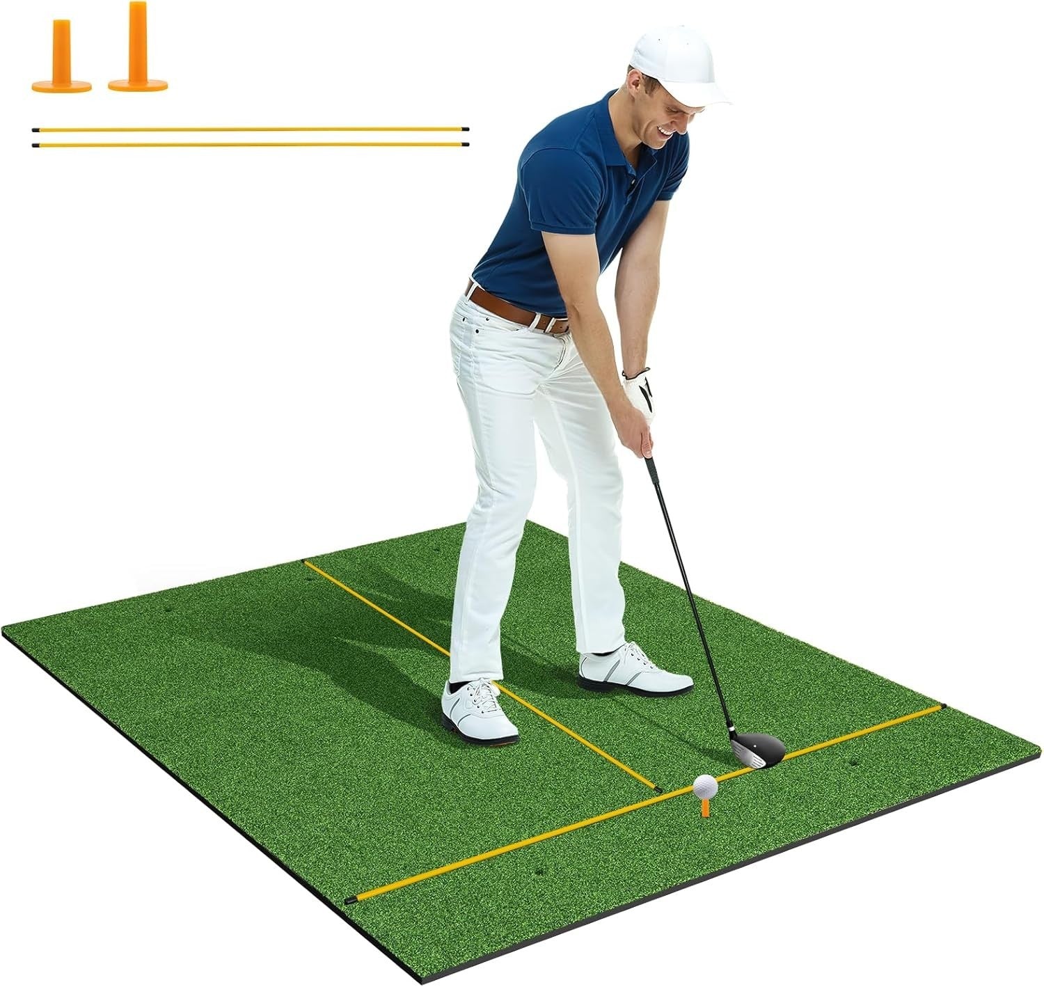 Golf Hitting Mat 5x4ft Practice Turf Alignment Sticks Rubber Tee Indoor