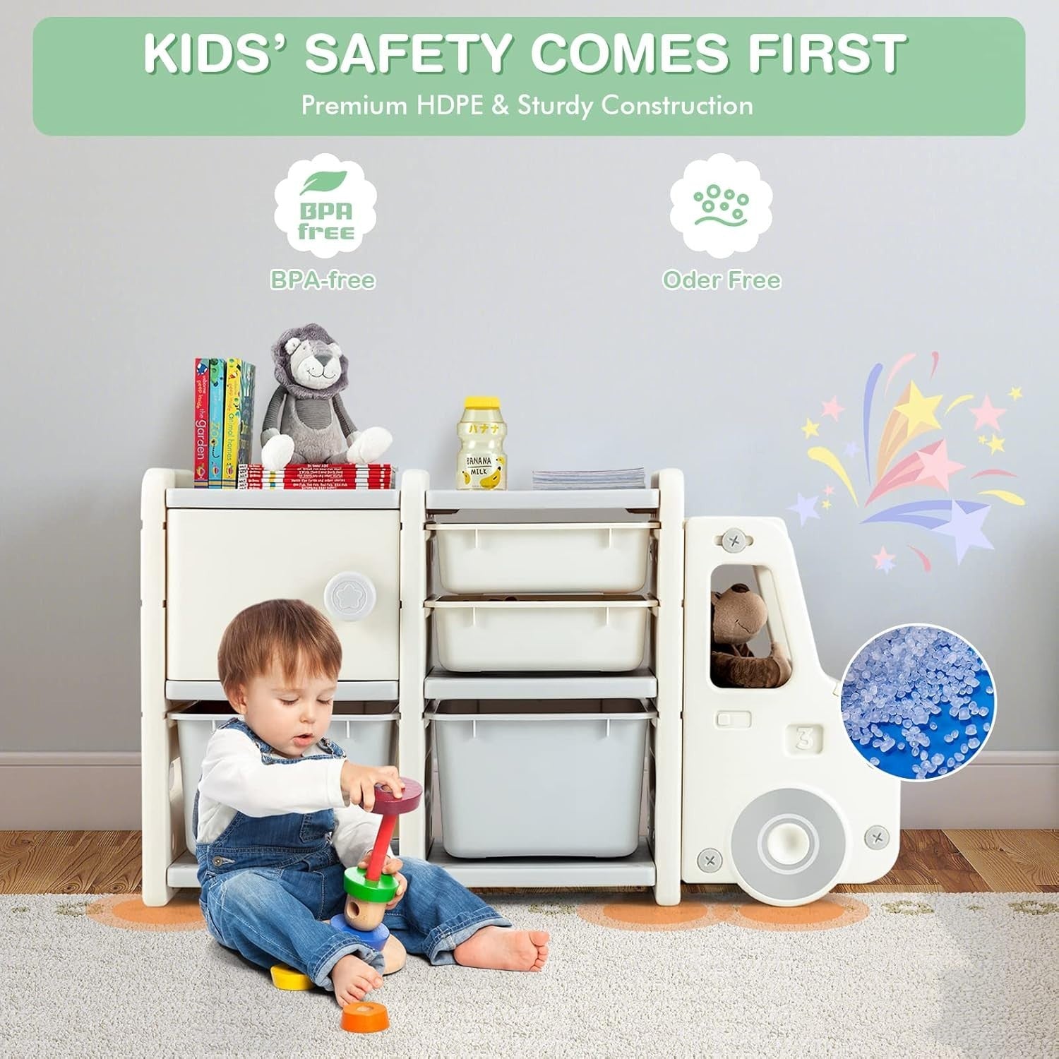 Kids Toy Storage Unit with Bins Drawers Cabinet Car Shape Shelf 112x35x66cm