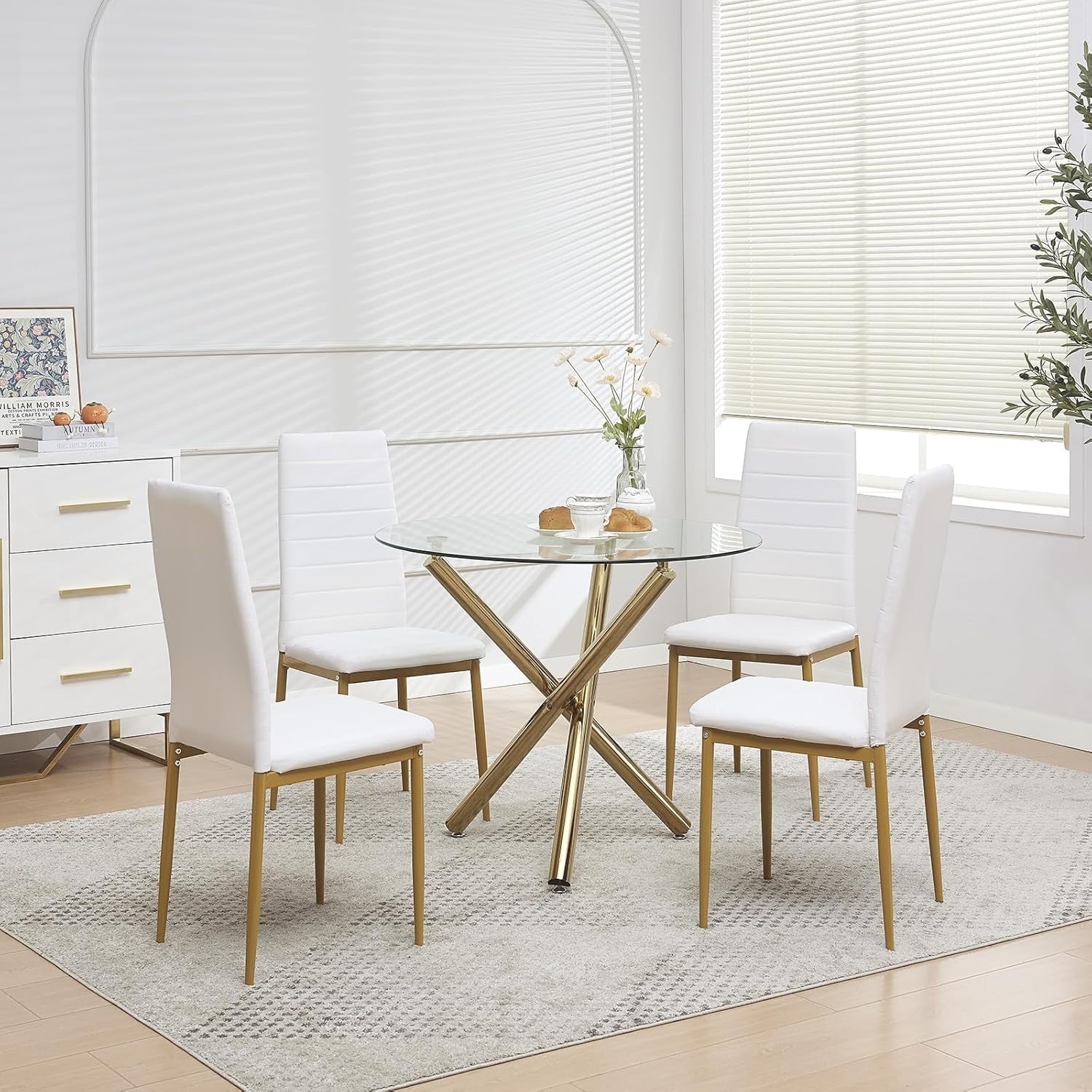 Gold Round Glass Dining Table Set 4 White PU Chairs Compact Kitchen