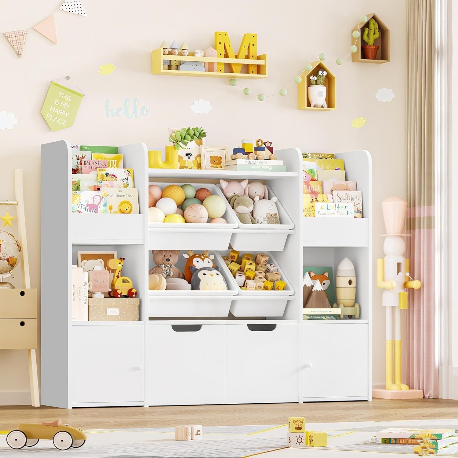 Kids Toy Storage Cabinet Bookshelf with Drawers Doors Bins 6-in-1 Unit White