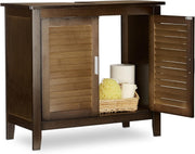 Dark Brown Bamboo Under Sink Bathroom Cabinet 2 Door Storage Cupboard Unit