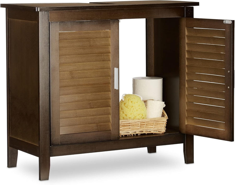 Dark Brown Bamboo Under Sink Bathroom Cabinet 2 Door Storage Cupboard Unit