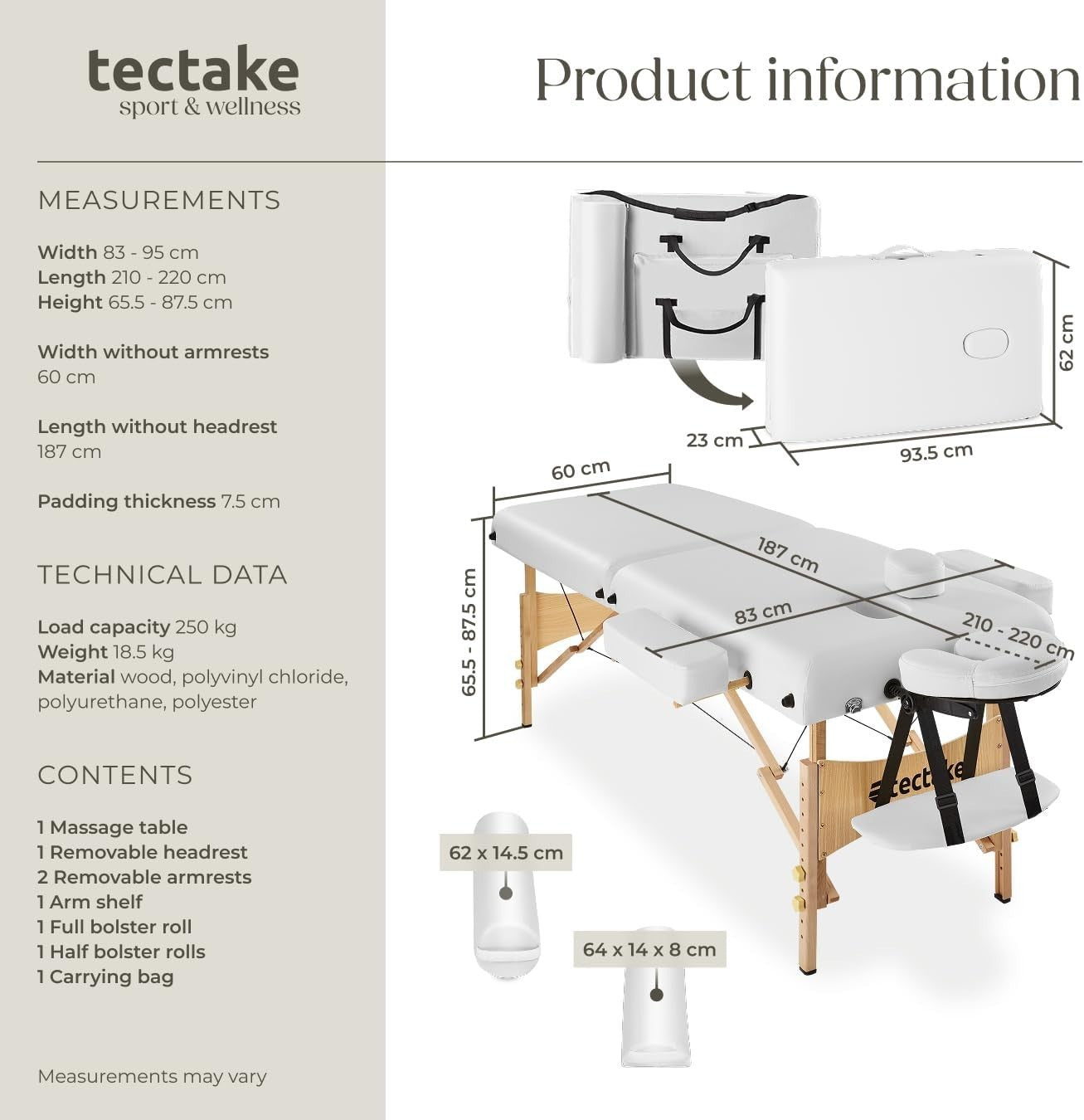 Portable 3 Zone Massage Table Foldable Adjustable Beauty Therapy Bed White