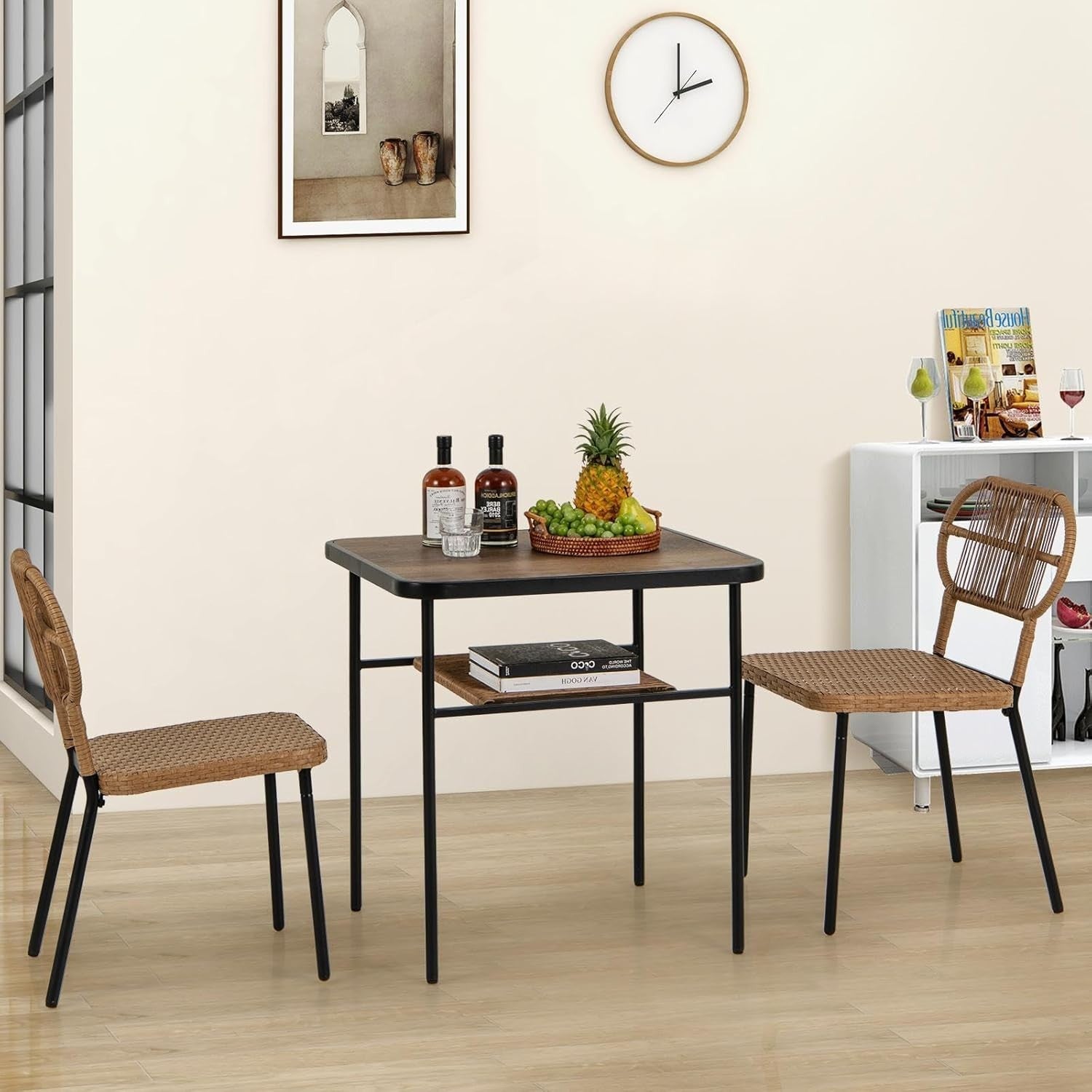 3 Piece Rattan Bistro Set Outdoor Table 2 Stackable Chairs Storage Shelf