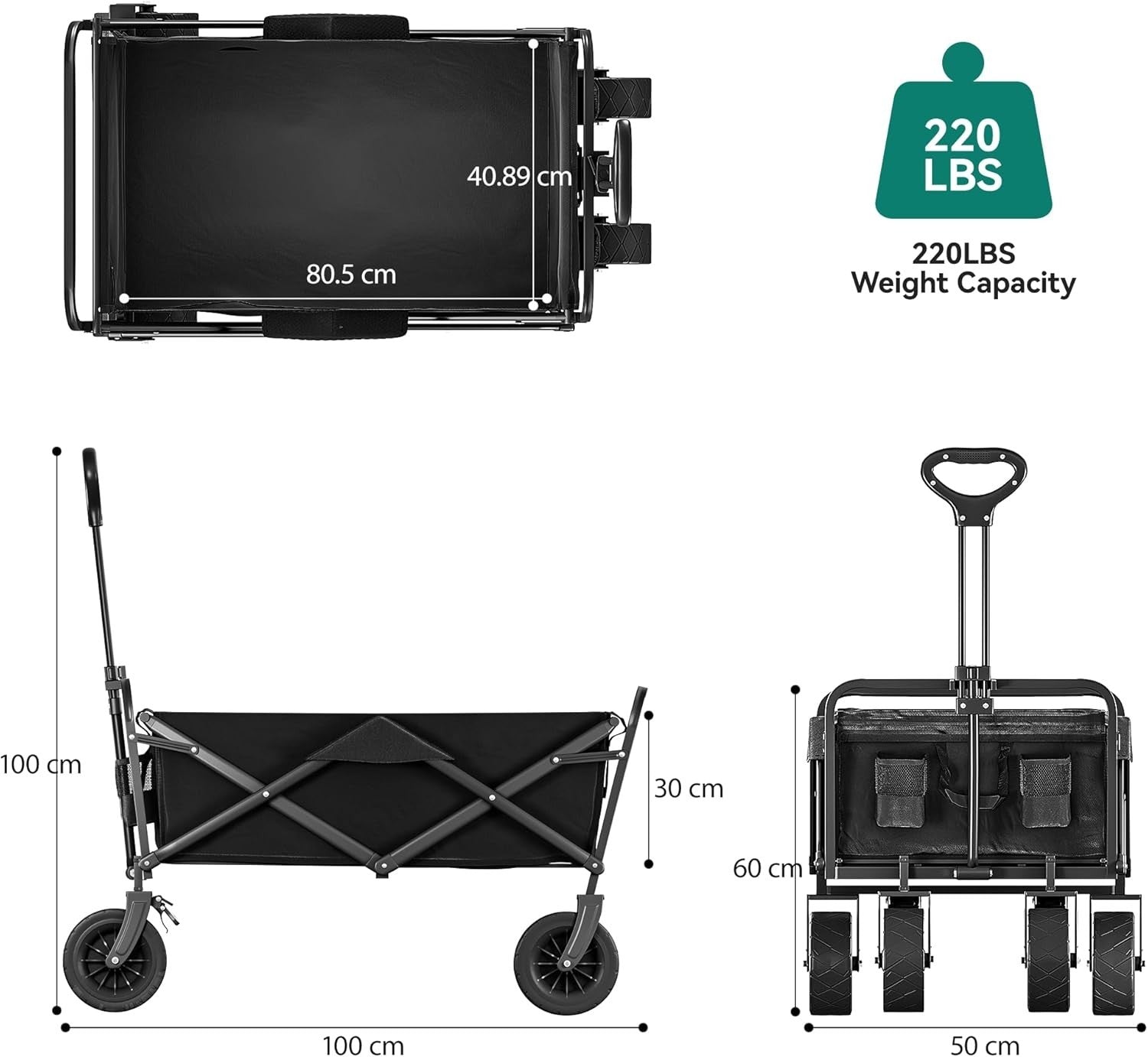 Black Folding Beach Wagon Cart w/ Table Oversized Wheels Adjustable Handle 220lb