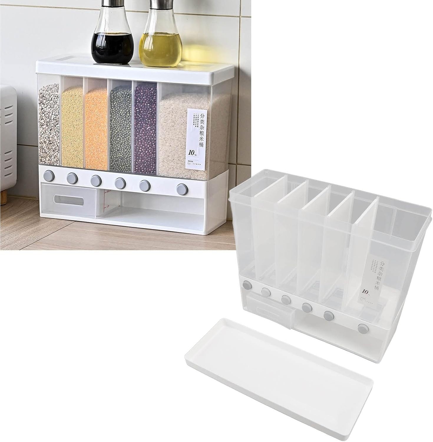 10L Wall Mounted Rice Dispenser 6 Grid Sealed Grain Storage Bin