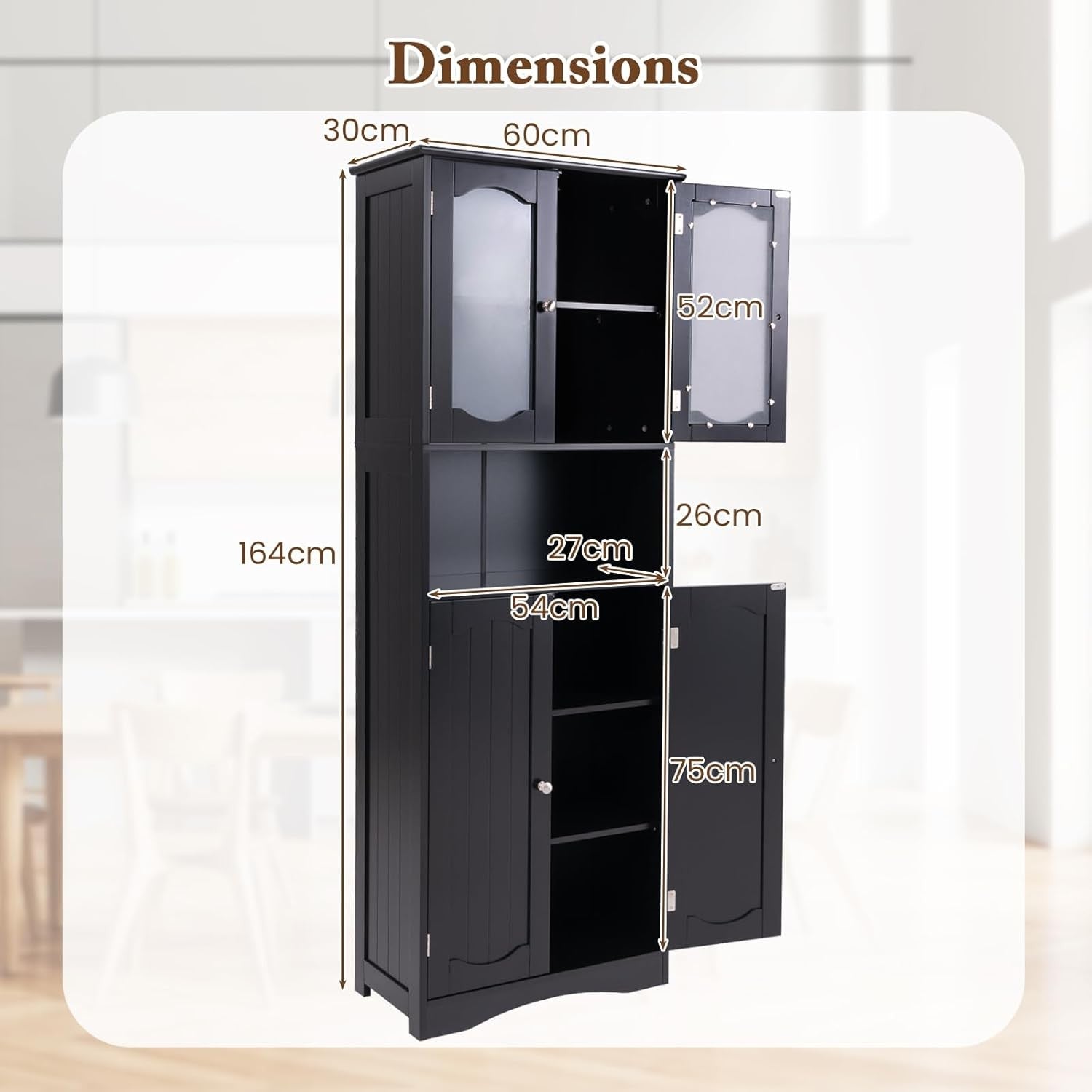 Black Wooden Tall Bathroom Cabinet with Glass Doors Adjustable Shelves