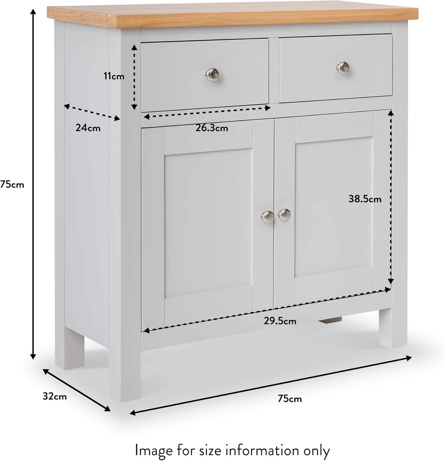 Small Grey Sideboard Cabinet Oak Top 2 Drawer Cupboard for Hallway