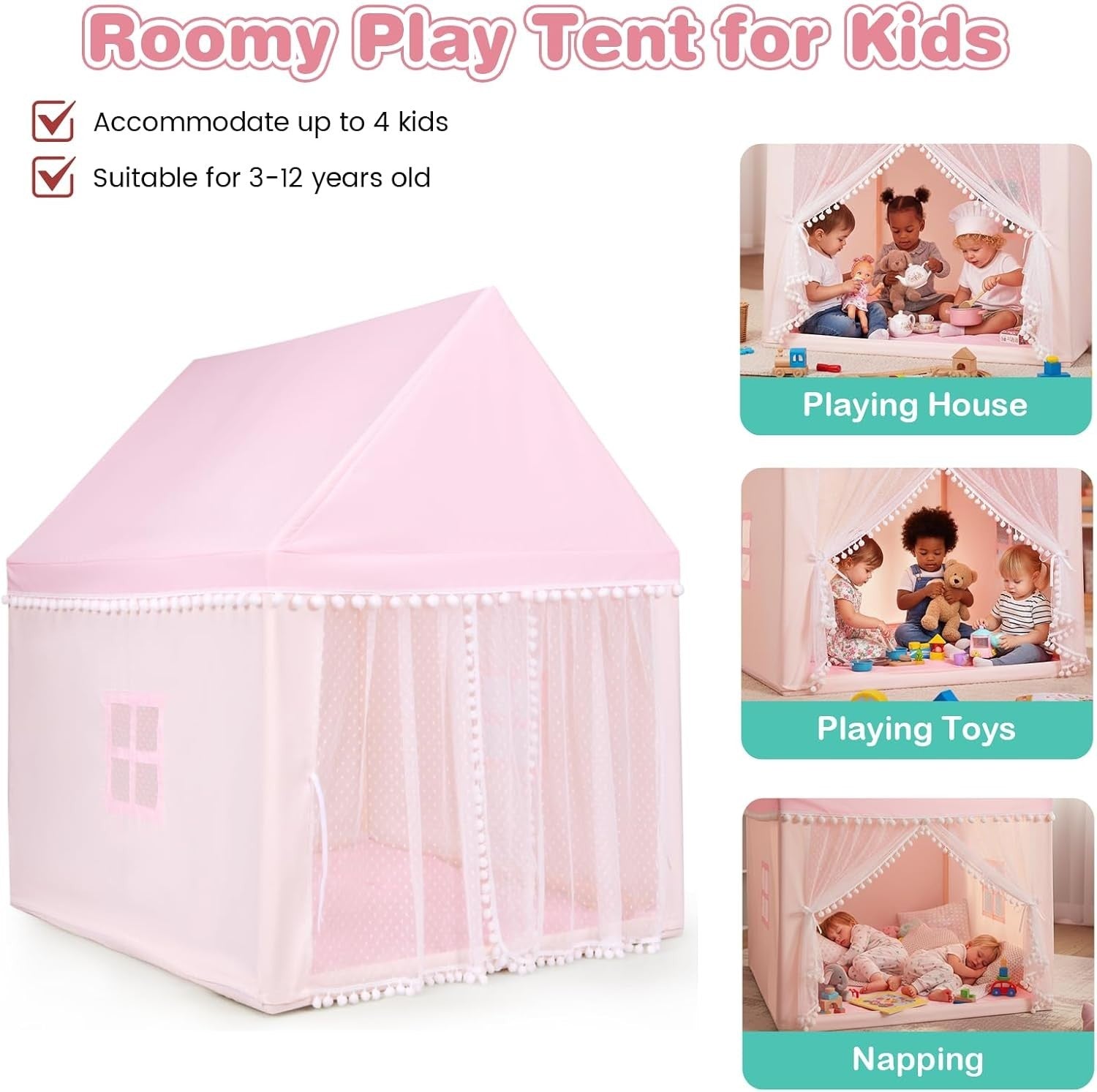 Pink Wooden Kids Play Tent Indoor Outdoor Fairy Playhouse w Mat