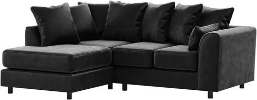 Black Velvet Corner Sofa 4 Seater L Shape | Full Foam Cushions | Left Hand