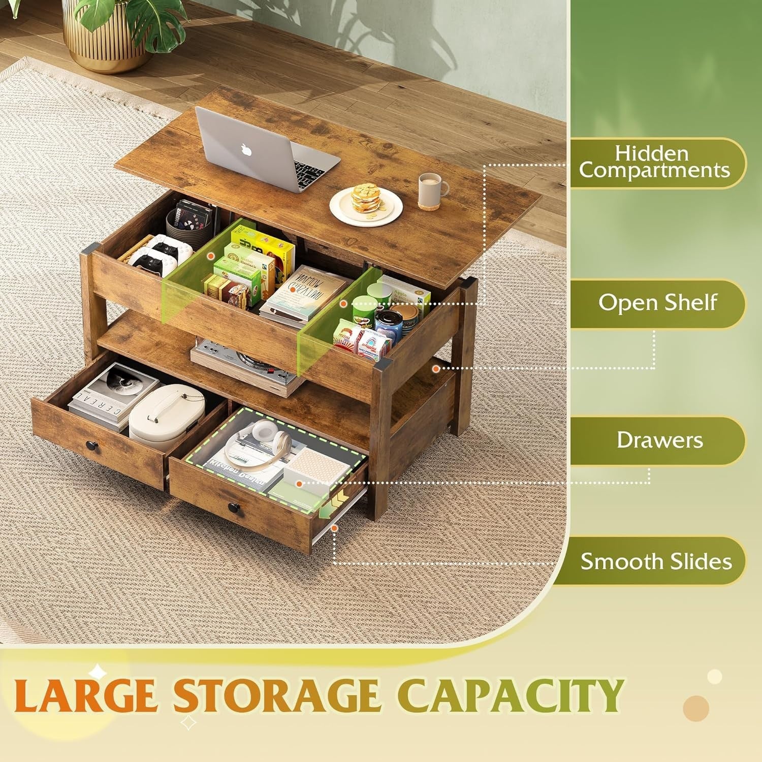 Lift Top Coffee Table with Storage Drawers & Hidden Compartment 100x50cm