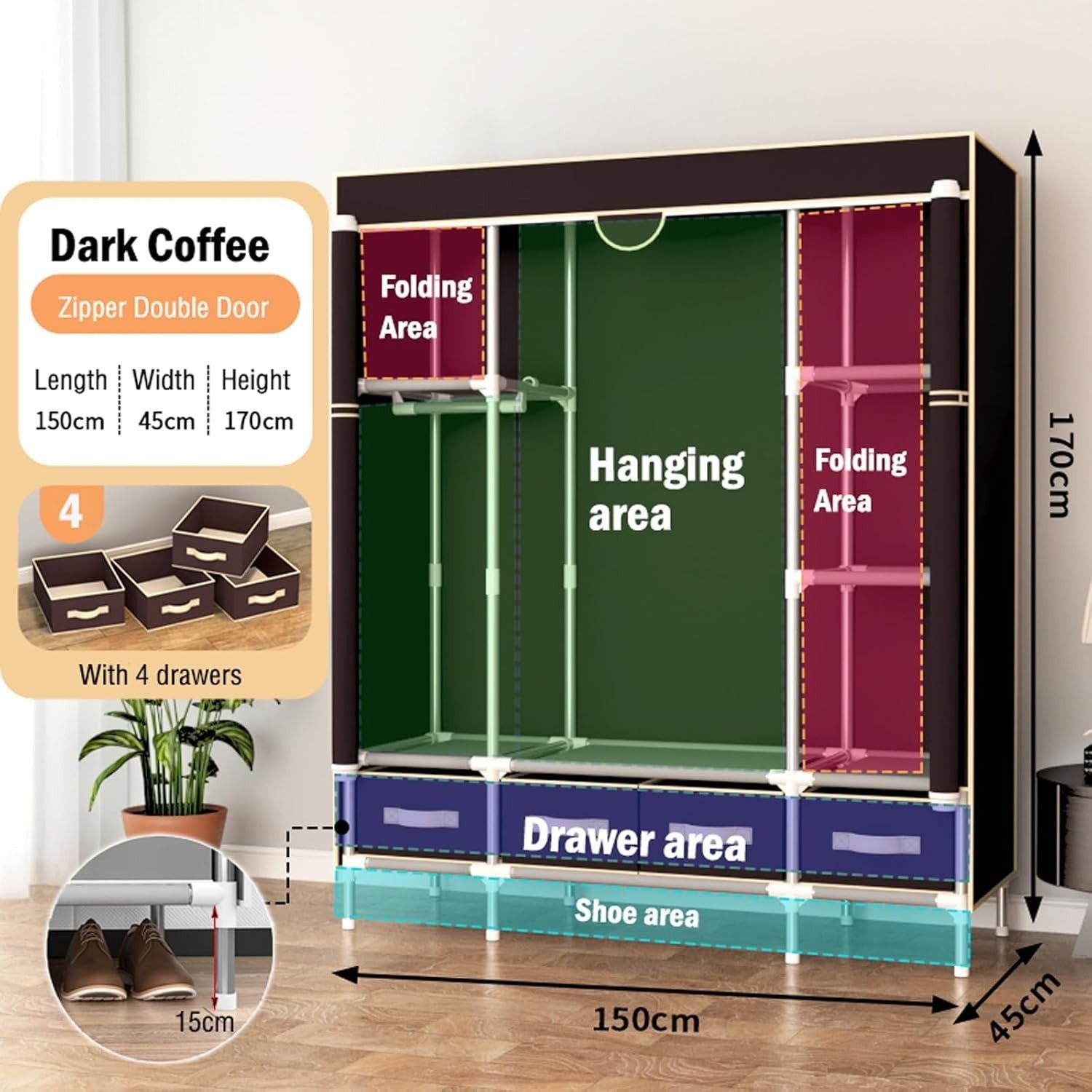 Large Canvas Wardrobe with Drawers Hanging Rail Shelves Dustproof 150cm