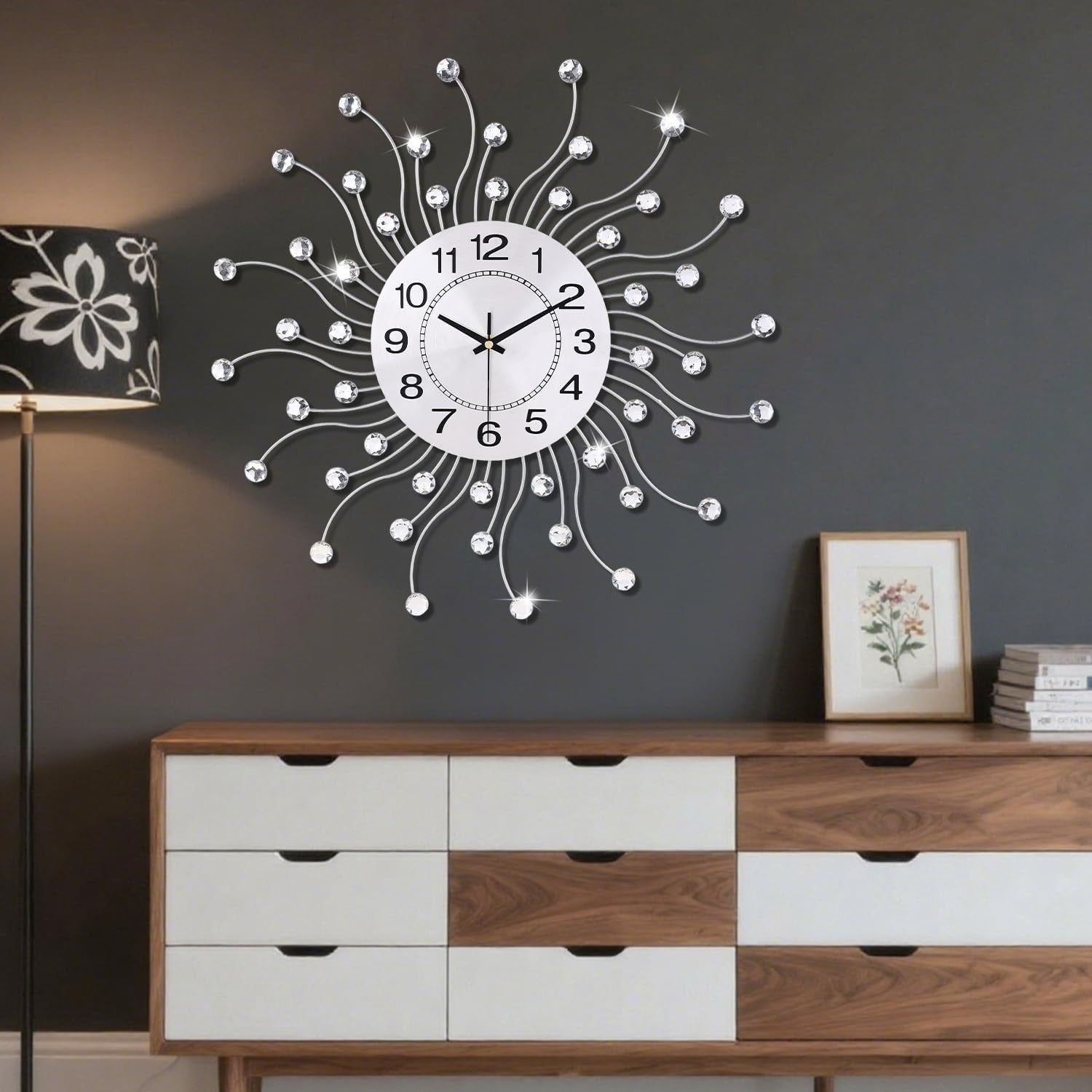 Modern Large Wall Clock 20" Silver Crystal Silent Non-Ticking Home Decor