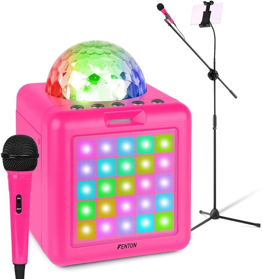 Fenton KAR15P Pink Karaoke Machine, Bluetooth, 2 Mics, LED Lights
