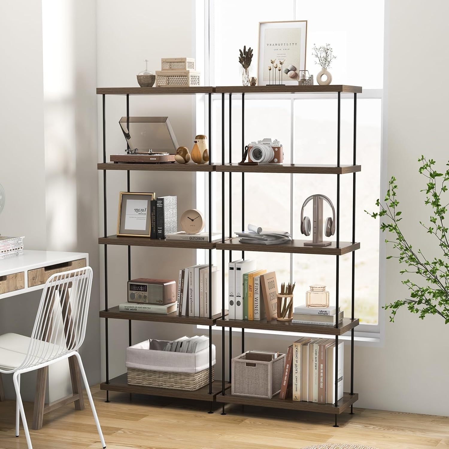 5-Tier Industrial Bookshelf Metal Frame Rustic Wood Storage Shelving Unit