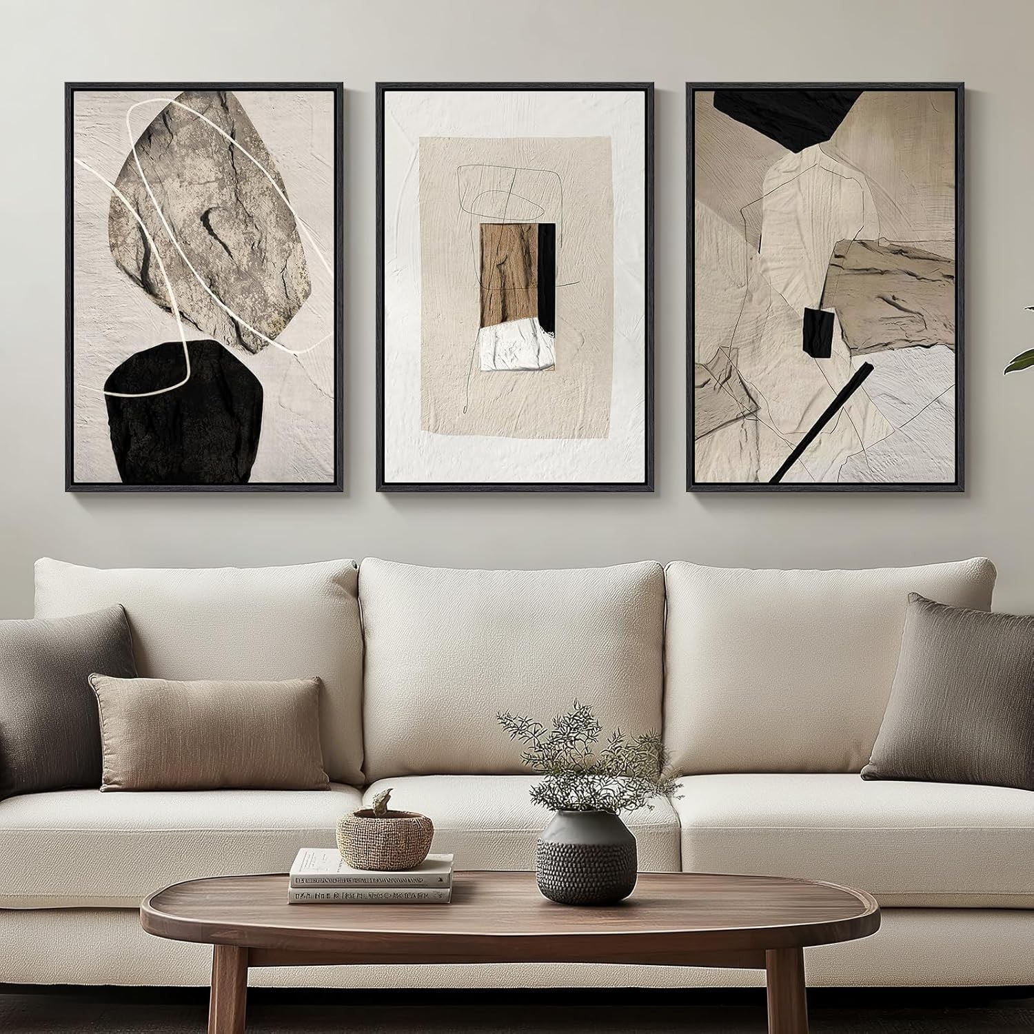 Framed Neutral Abstract Wall Art Set of 3 16x24in Modern Canvas