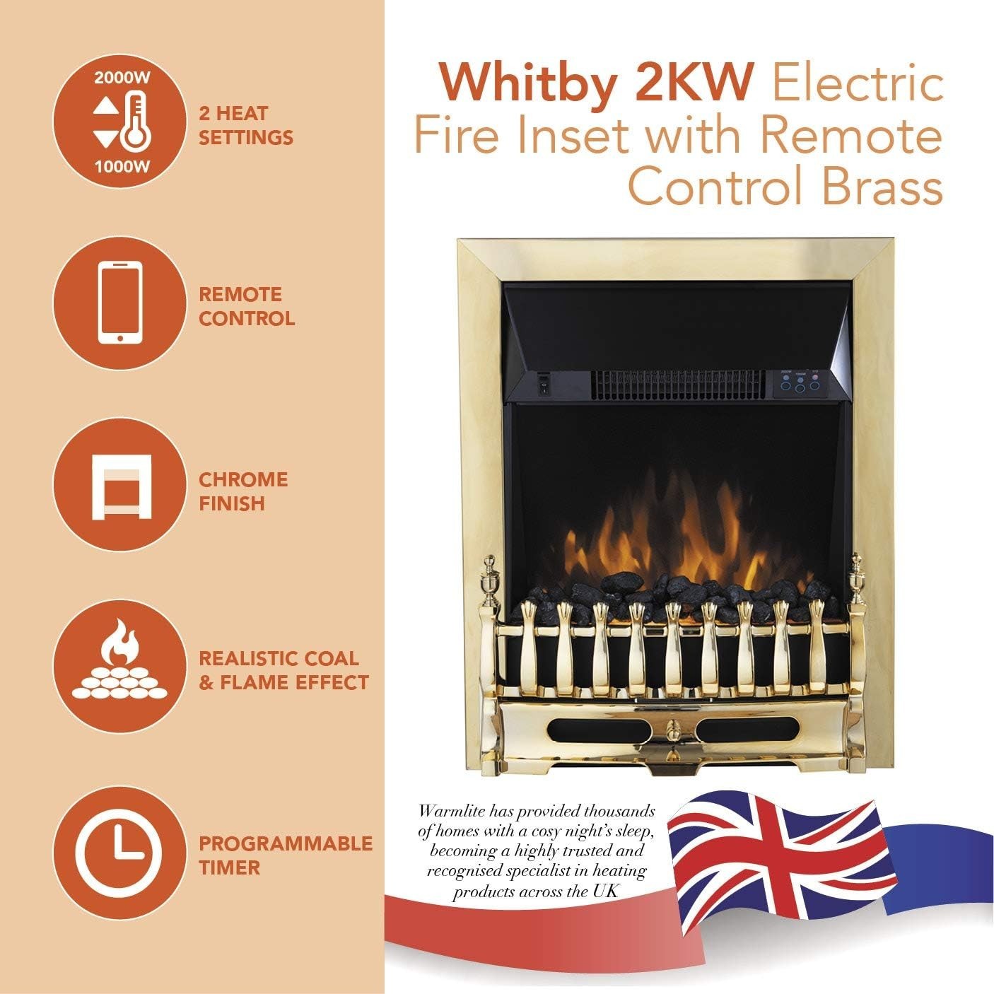 2kW LED Electric Fireplace Insert Remote Control Brass Chrome Finish