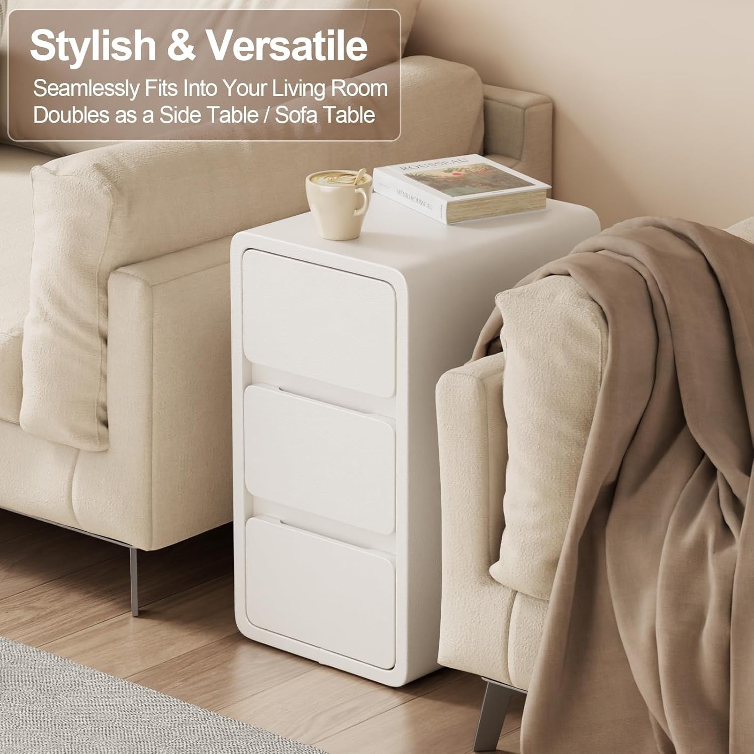 Slim White Bedside Table with 3 Drawers, Narrow Leather-Finish Nightstand