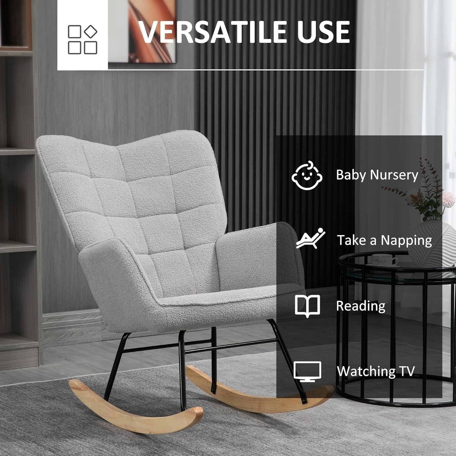 Light Grey Fleece Rocking Armchair – Soft Wingback Glider for Nursery & Home