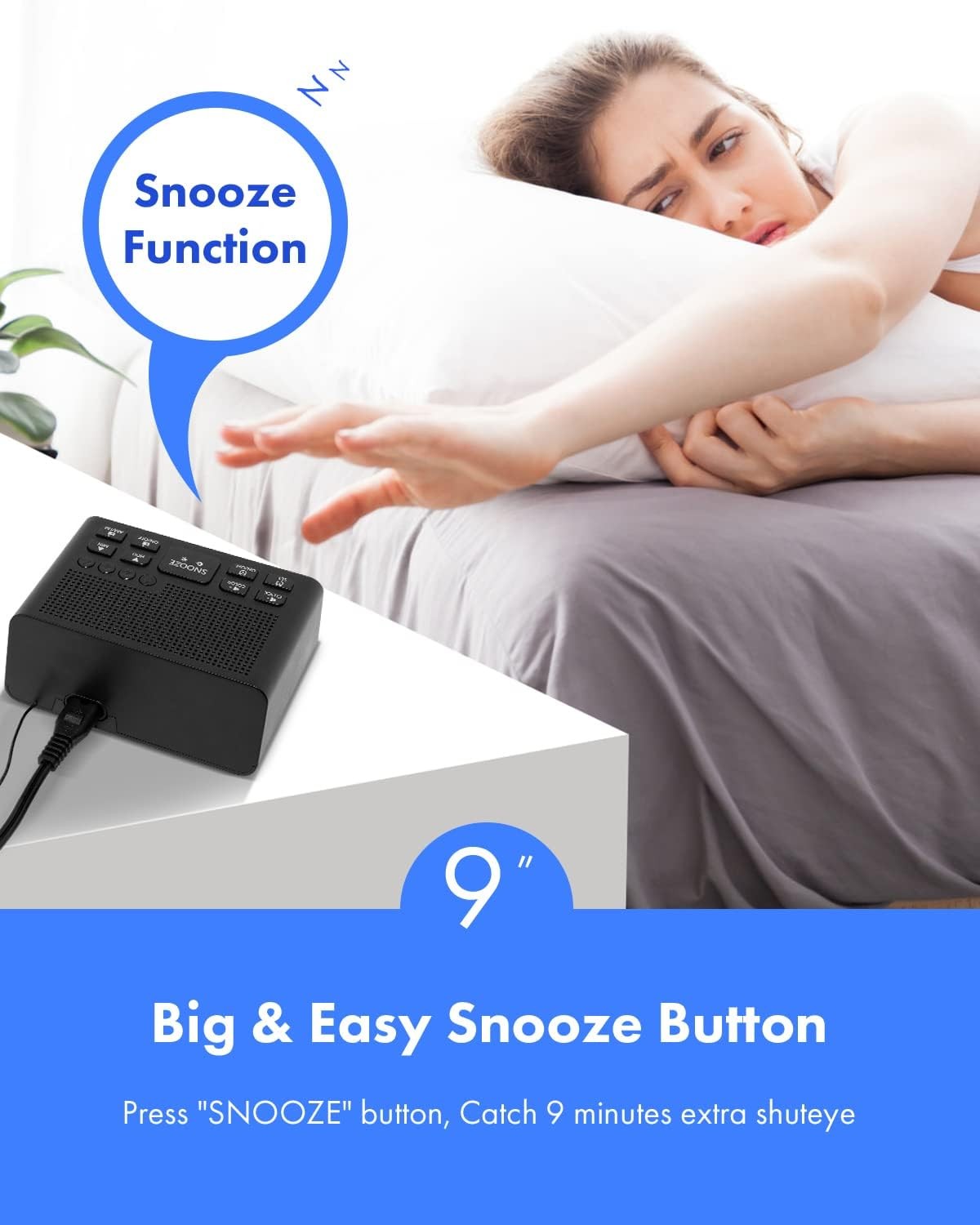 Digital Alarm Clock FM Radio Large LED Display Snooze Black
