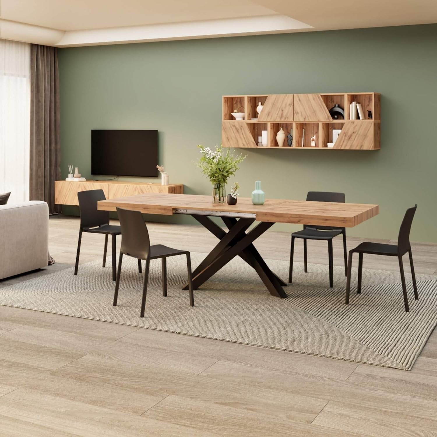 Extendable Walnut Dining Table 160–240cm w/ Rustic oak Cross Black Legs Modern