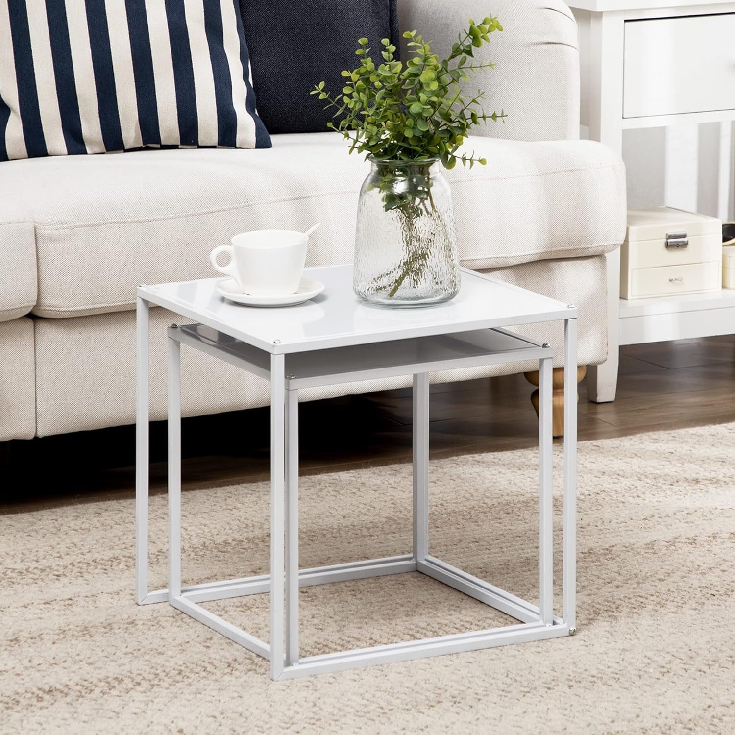 Modern Nesting Coffee Tables Set of 2 End Side Snack Living Room Black Steel