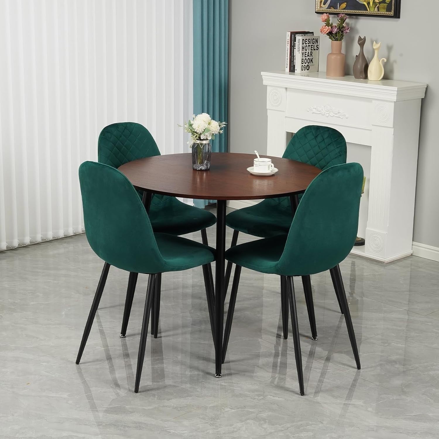4 Seater Round Dining Table Set Velvet Chairs Modern Kitchen Living Room