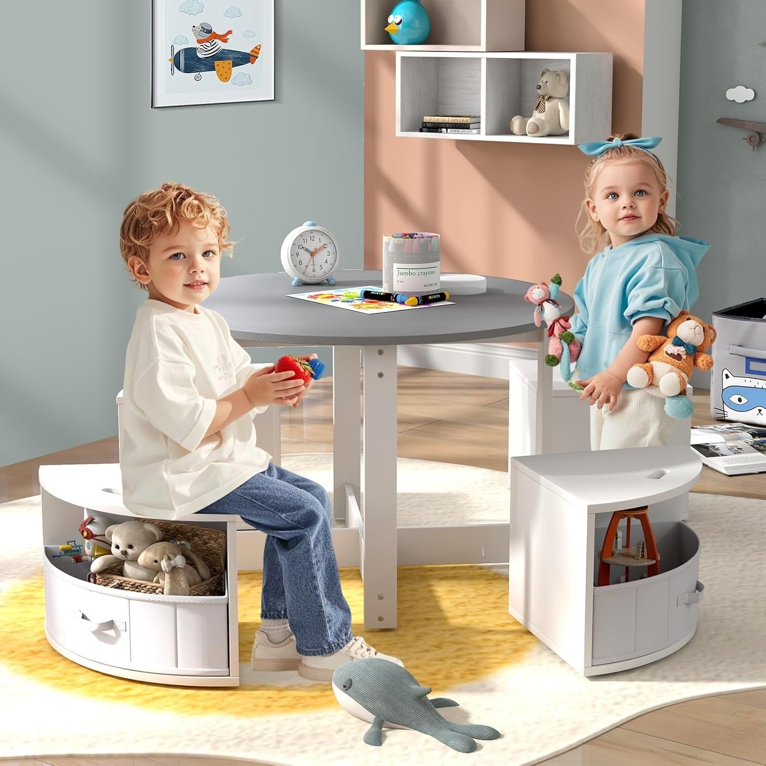 Kids Round Table & 4 Storage Stools Set with Fabric Bins for Play & Learn