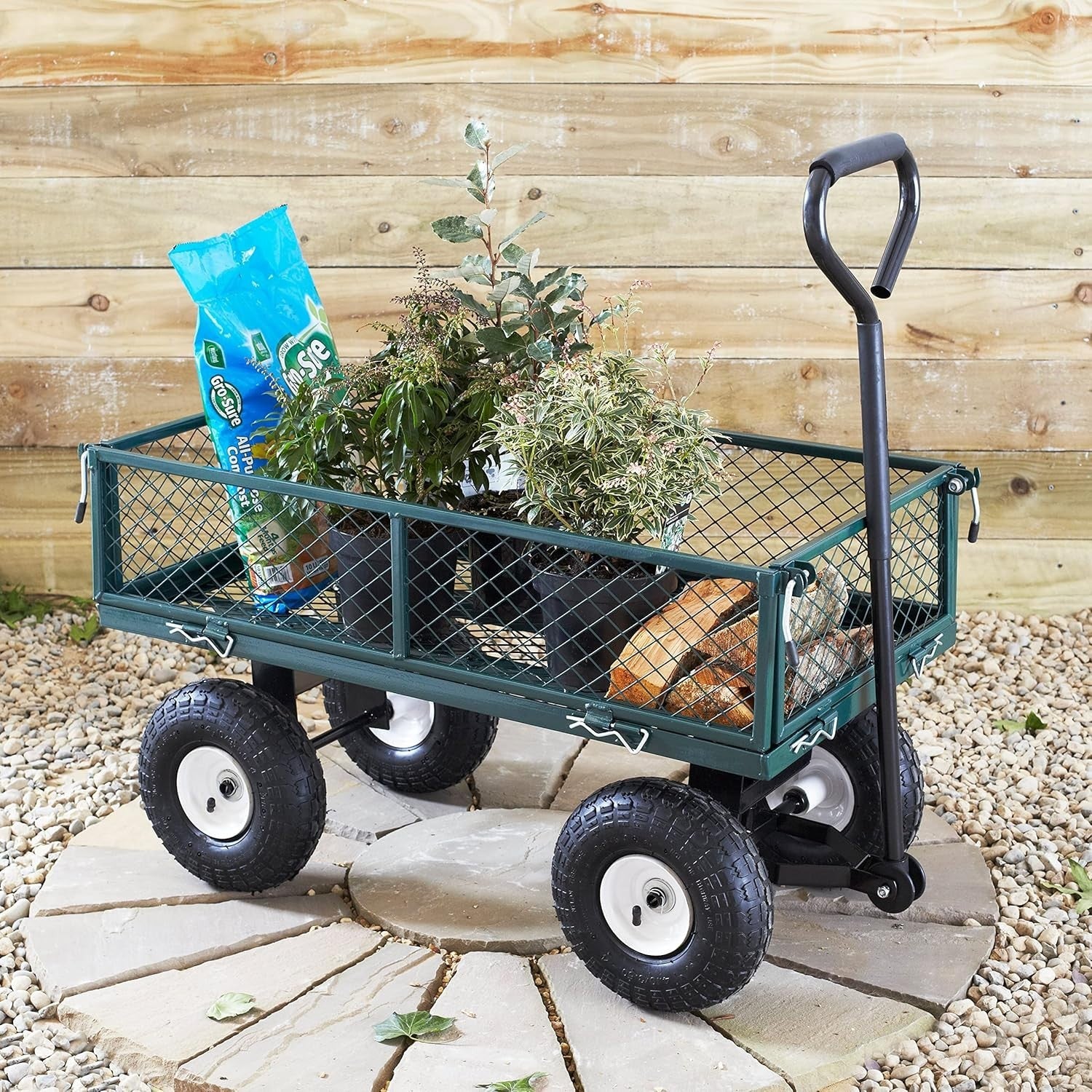 Heavy Duty Garden Cart 320kg Pull Along Wagon w/ Cover Mesh Sides Pneumatic Tyre