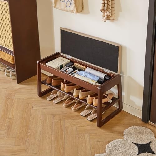 2-Tier Flip-Top Shoe Storage Bench with Cushion – Walnut 31.5in
