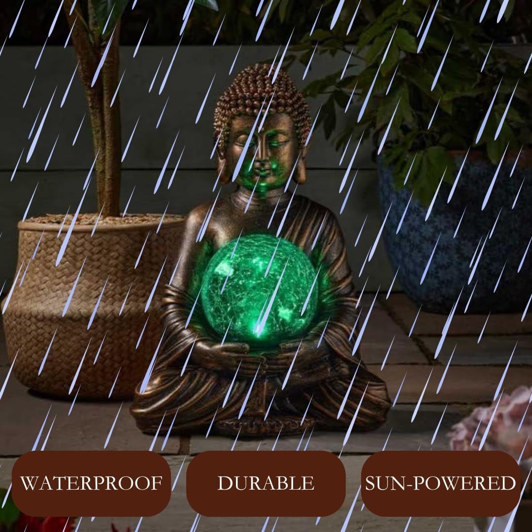 Solar Buddha Garden Statue with LED Crackle Ball Outdoor Zen Patio Ornament