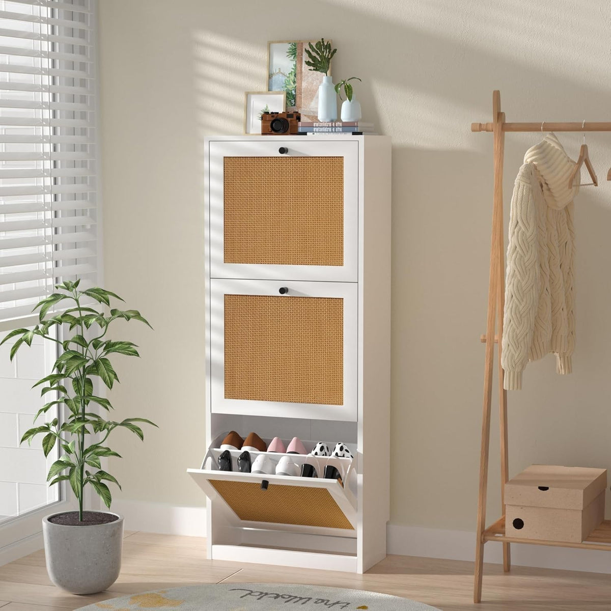 White Rattan Shoe Cabinet 3 Door Slim Storage Cupboard – Hallway Entryway