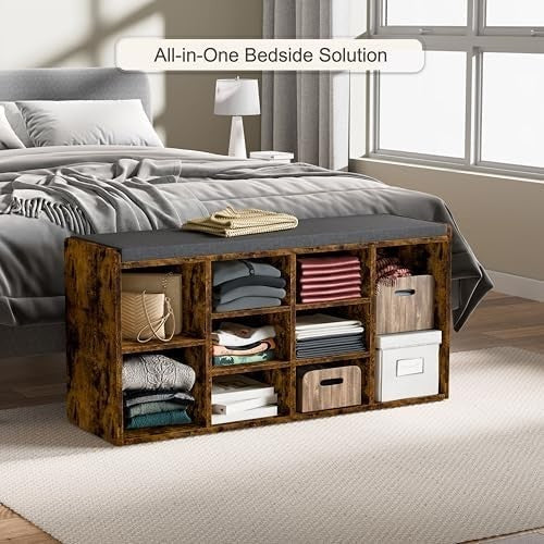 Rustic Shoe Storage Bench with Cushion Seat 9 Cubes Adjustable Shelves Entryway